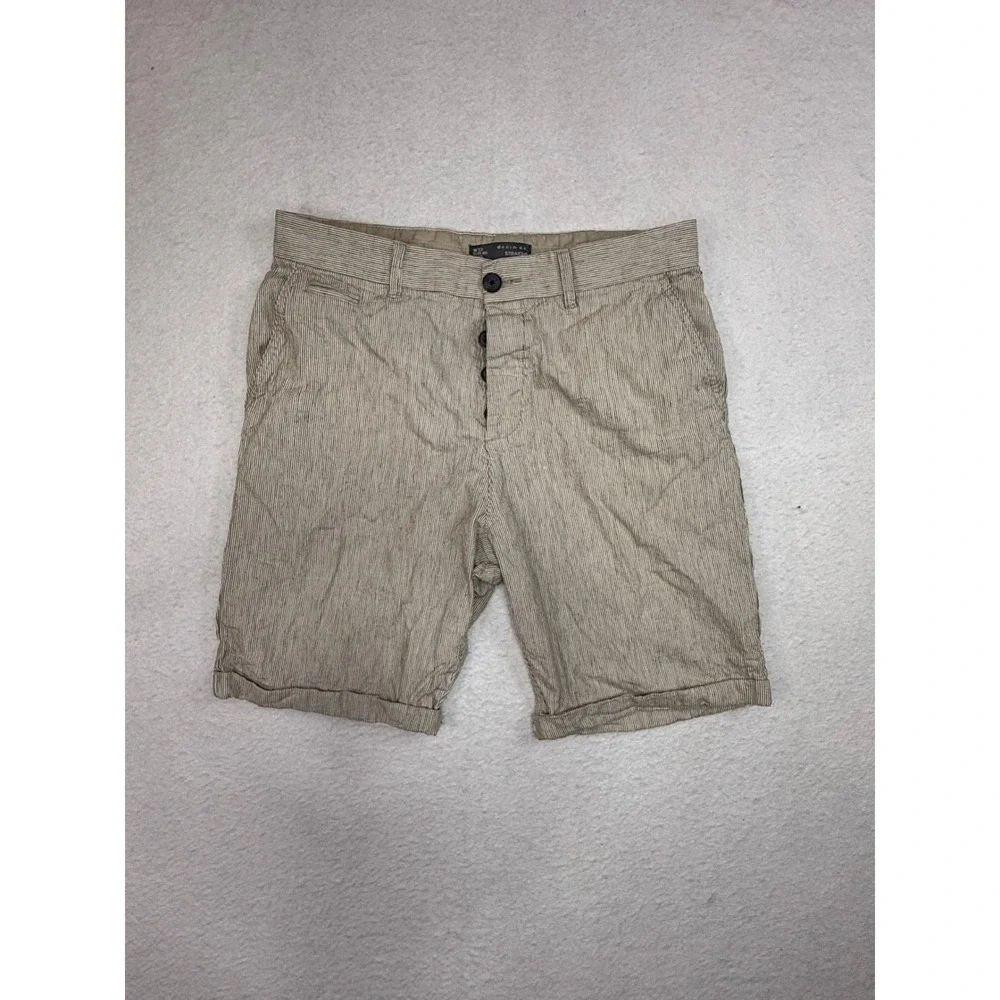 Denim Co Mens Tan Striped Straight Fit Shorts Size W32 Button Fly Casual Summer
